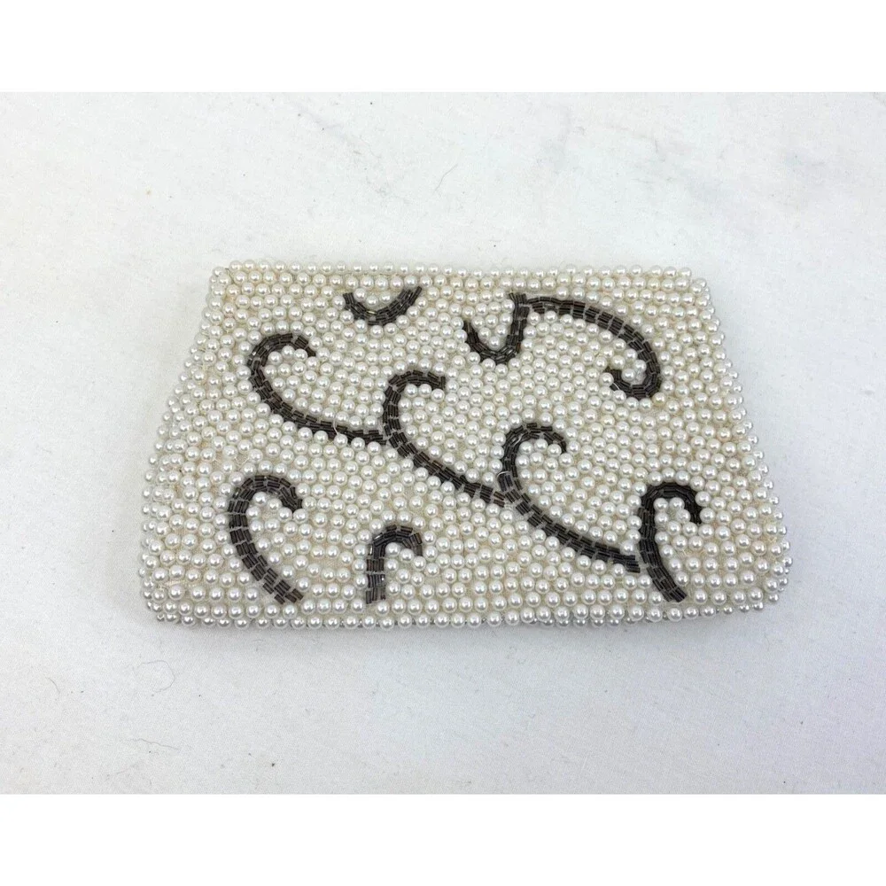 Vintage 1960s Emson White Glass Beaded Small Clutch Zip Hand Made Formal Wedding